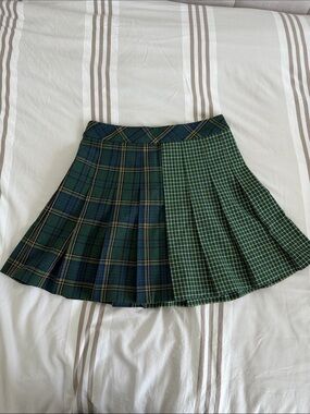 Preppy Pleated Green & Navy Plaid Mini Skirt